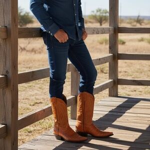 Rudel Men's Cognac Brown Alligator Gator Print‎ Leather Western Cowboy Boot, 10